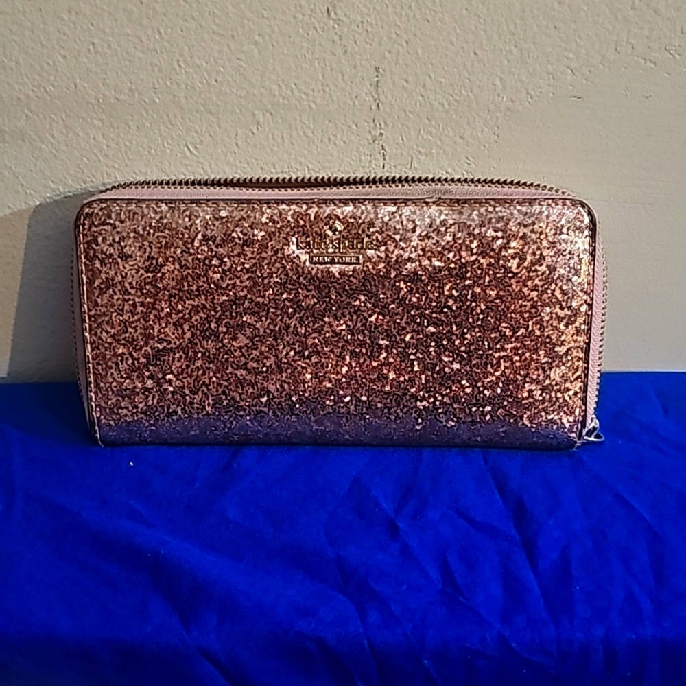 USED Kate Spade Rose Gold Shimmy Glitter Zip around wallet (wristlet missing).